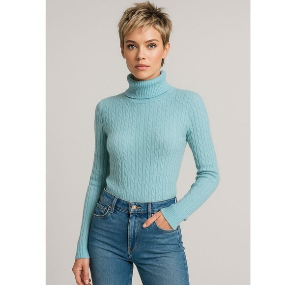 Lord & Taylor Cashmere Blend Cable Knit Turtleneck Sweater Light Blue Size Large - Picture 1 of 10